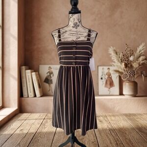 CHANCE Dress Size Small NWT Brown Striped Ribbed Button Front Fit & Flare